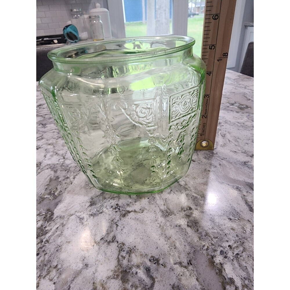VTG 1930s Green Princess Biscuit Cookie Jar No Lid Uranium Glass - Picture 4 of 7
